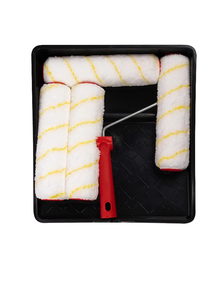 Hardys 9" Paint Roller Set - 4 x Medium Pile Sleeve, Roller Frame and Tray - Ideal for Textured Surfaces & External Use