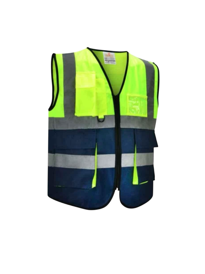 Yellow & Navy Blue Polyester Dual Color Heavy Duty Safety Vest with Zipper, Size: M